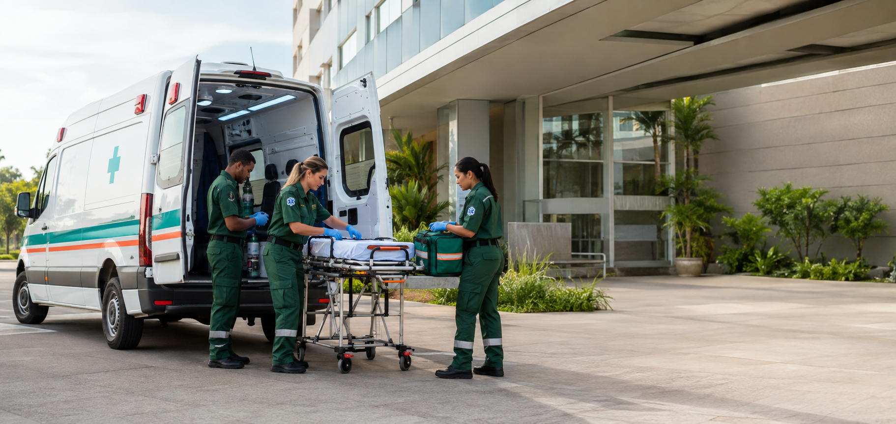 Equipe de atendimento e ambulância em operação de saúde
